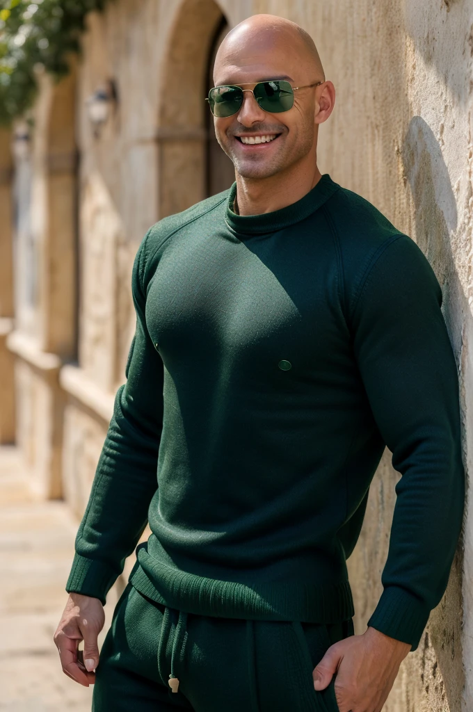 ((8k ((best quality)), ((masterpiece)), (very detailed), real face bald male muscular male full body wear full green pullover and pant sunglasses stand by wall  smiling