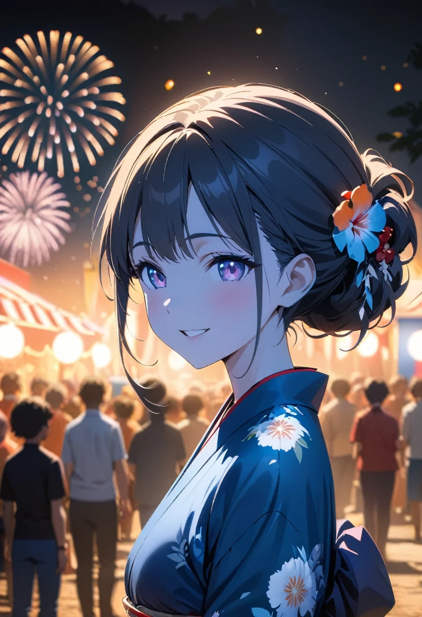 (best quality,8k,highres, masterpiece:1.2), (anime style),ultra-detailed, HDR, UHD, studio lighting, ultra-fine painting, sharp focus, physically-based rendering, extreme detail description, professional, vivid colors, bokeh, portraits, concept artists, warm color palette, dramatic lighting,Summer festival night,1 beautiful woman,(blue kimono),updo, big smile, closed eyes, (The cityscape lined with the fairs of summer festivals),(beautiful hair, glowing skin,),(Silhouette of a passing crowd),(anime style),(fireworks in sky background)