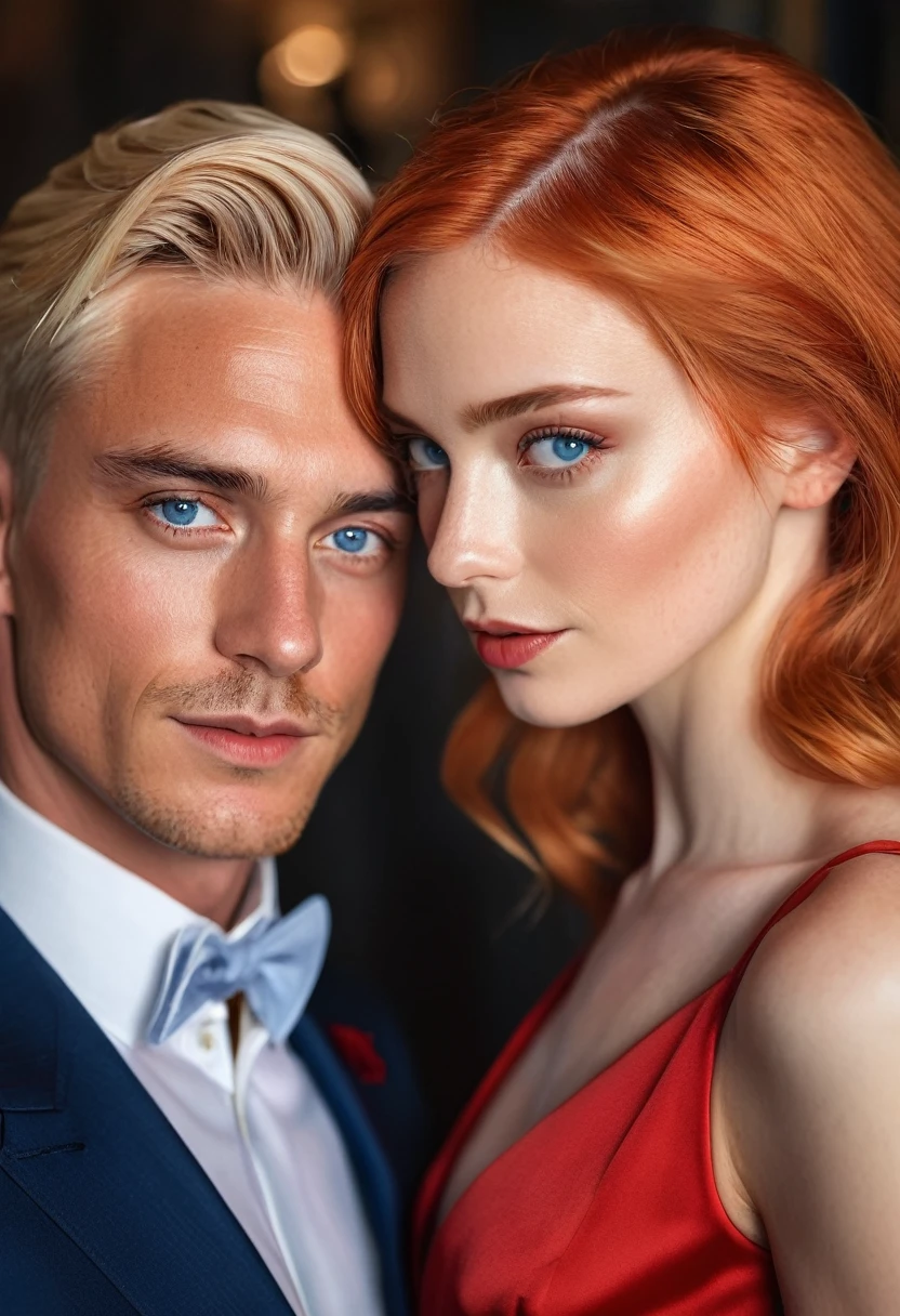 "(Ultra-high quality,Practical:1.37),detailed portrait,Delicate skin,Man in suit,Blonde hair,Brown eyes,Woman in sexy red dress,Red hair,blue eyes,Romantic scene"