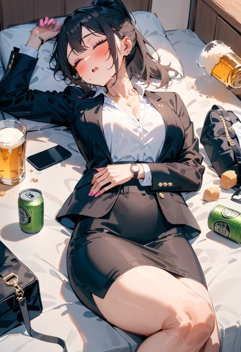 masterpiece, best quality, very aesthetic, absurdres, newest, 1girl, solo, blush, open mouth, skirt, black hair, jewelry, jacket, closed eyes, ponytail, lying, on back, indoors, necklace, bag, nail polish, phone, formal, sleeping, cellphone, suit, smartphone, pink nails, alcohol, pencil skirt, watch, handbag, can, wristwatch, drunk, office lady, beer, skirt suit, beer can