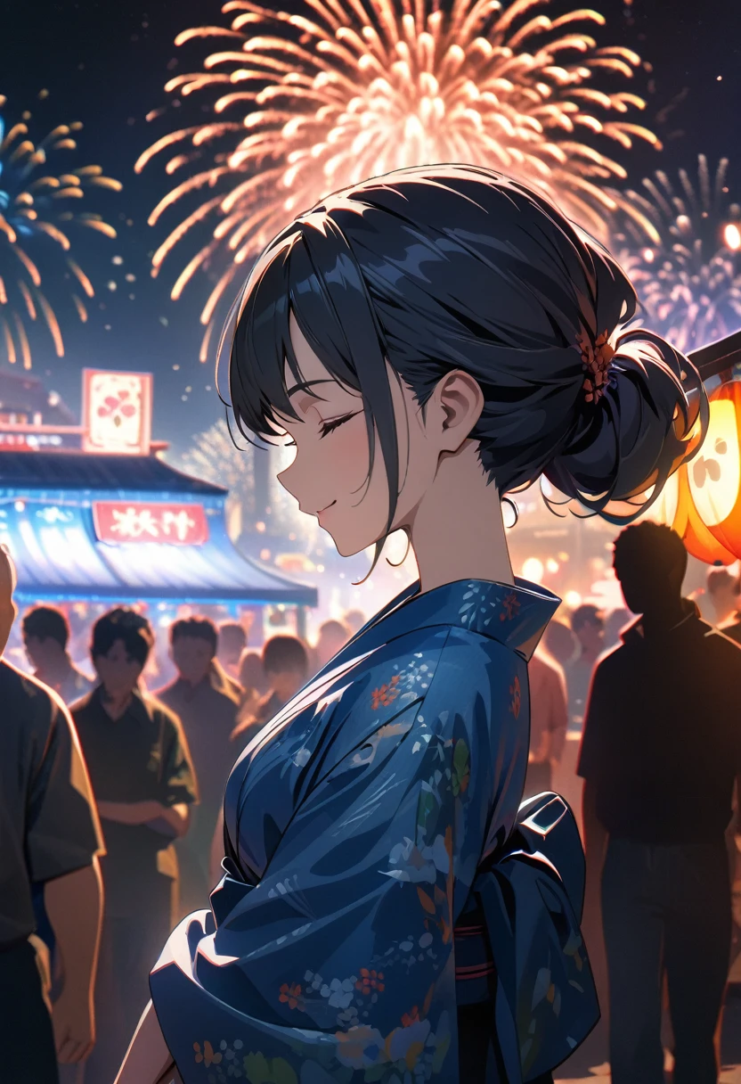 (best quality,8k,highres, masterpiece:1.2), (anime style),ultra-detailed, HDR, UHD, studio lighting, ultra-fine painting, sharp focus, physically-based rendering, extreme detail description, professional, vivid colors, bokeh, portraits, concept artists, warm color palette, dramatic lighting,Summer festival night,1 beautiful woman,(blue kimono),updo, big smile, closed eyes, (The cityscape lined with the fairs of summer festivals),(beautiful hair, glowing skin,),(Silhouette of a passing crowd),(anime style),(fireworks in sky background)