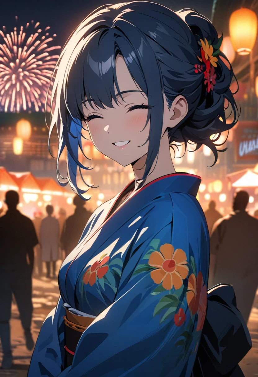 (best quality,8k,highres, masterpiece:1.2), (anime style),ultra-detailed, HDR, UHD, studio lighting, ultra-fine painting, sharp focus, physically-based rendering, extreme detail description, professional, vivid colors, bokeh, portraits, concept artists, warm color palette, dramatic lighting,Summer festival night,1 beautiful woman,(blue kimono),updo, big smile, closed eyes, (The cityscape lined with the fairs of summer festivals),(beautiful hair, glowing skin,),(Silhouette of a passing crowd),(anime style),(fireworks in sky background)