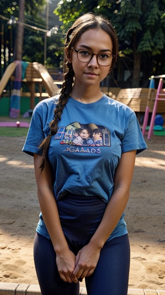 beautiful girl, hair in braids, low-vision glasses, medium and beautiful breasts, wearing a T-shirt, leggings, in the playground, best picture quality, masterpiece, lighting for the morning.