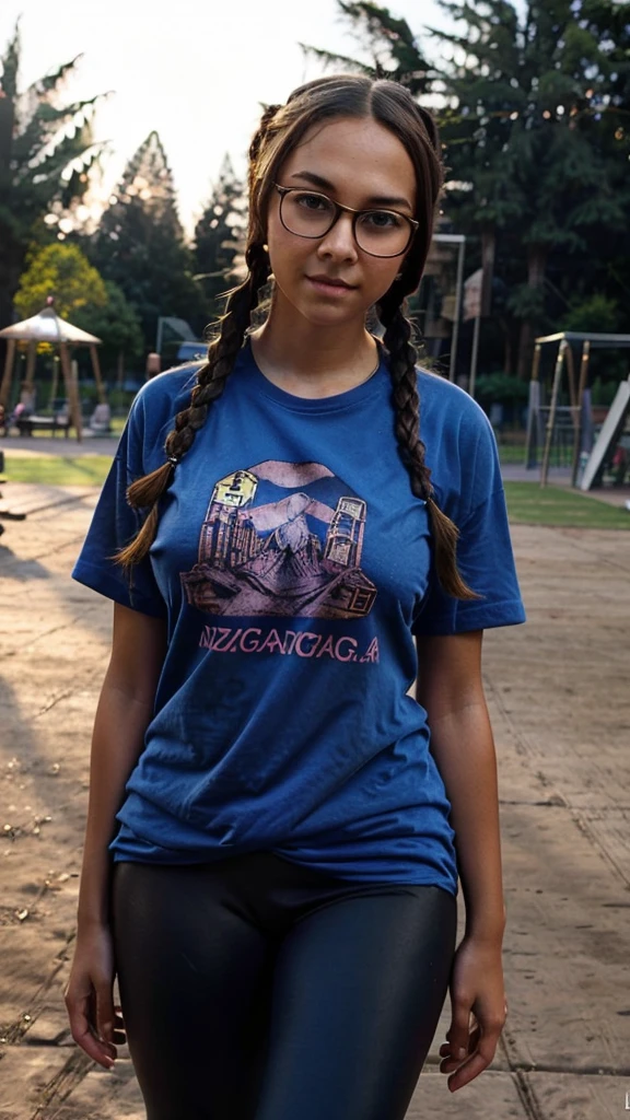 beautiful girl, hair in braids, low-vision glasses, medium and beautiful breasts, wearing a T-shirt, leggings, in the playground, best picture quality, masterpiece, lighting for the morning.