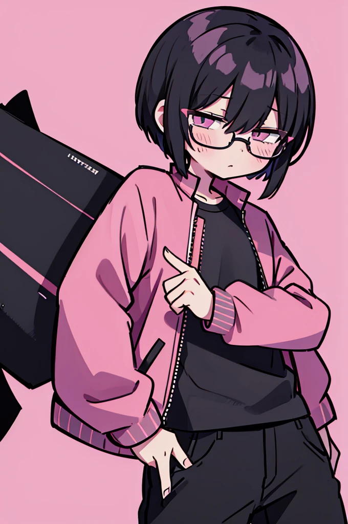 black pants, Sharp image, man, Black hair with pink ends, wearing a pink jacket. , has a dull, bored face, wears round glasses, has short, neat hair,