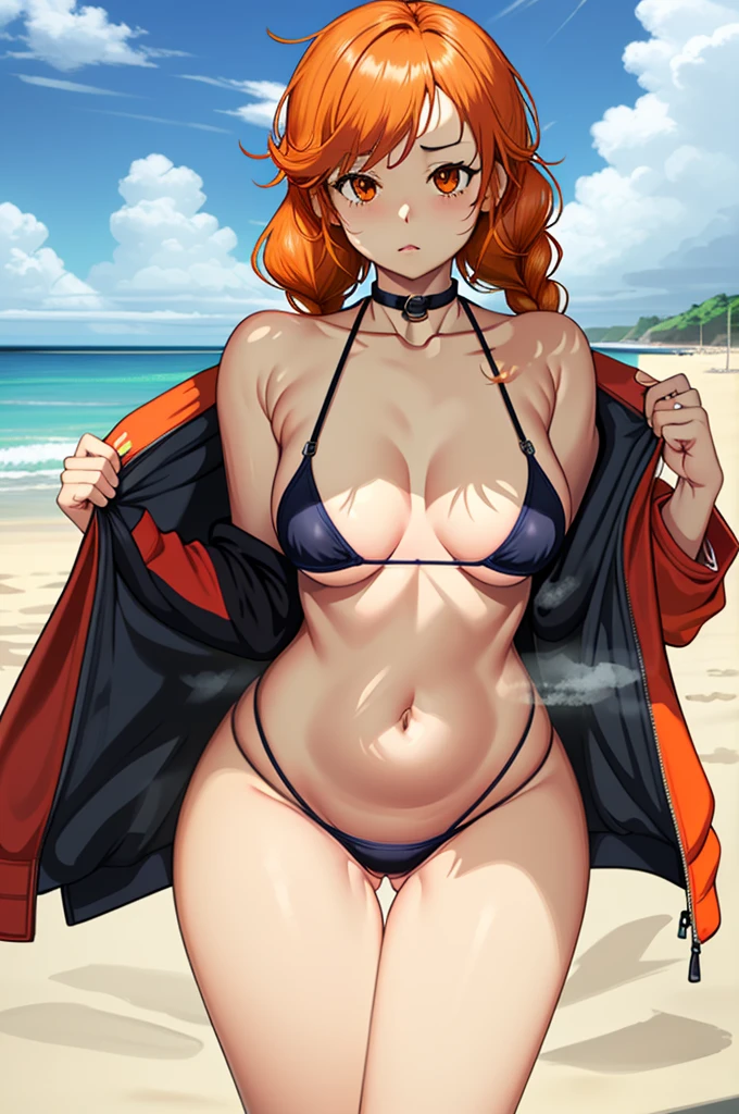 orange hair, fold, braid, long hair, orange eyes, 1girl,swimsuit, jacket, red_jacket, breasts, bikini, navel, ass_visible_through_thighs, looking_at_viewer, o-ring, sky, choker, thigh_gap, outdoors, solo, cloud, day, collarbone, multi-strapped_bikini, black_bikini, bare_shoulders, open_jacket, open_clothes, off_shoulder, cowboy_shot, black_choker, blue_sky, ocean, cleavage, skindentation, lips, medium_breasts, water, stomach, beach, track_jacket, steaming face, steaming,