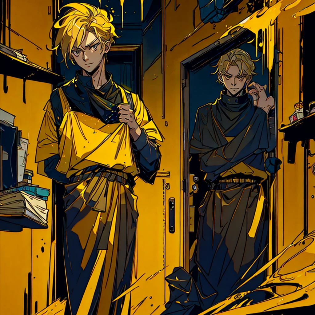 1boy, 1person, alone, 25 years old, yellow hair, golden eyes, insister sur les reflets des yeux dorés, cheveux blonds, mid lenght hair, boss, formal business outfit, yellow outfit, yellow clothes, black suspenders, arrogant look, Jen Zee style, bureaucratic themed, modern look, work fashion, bureau clothes, bureau, desk, work furniture, yellow themed image, yellow furniture, mustard touches of olor, mustard colored walls, kim goo character, kim goo inspiration, kim goo lookism, kim goo manager kim, looking at viewer, flower of the cult vagabondart1 style, vagabondart1 instagram, khoffi art style, khoffi style, khoffi instagram