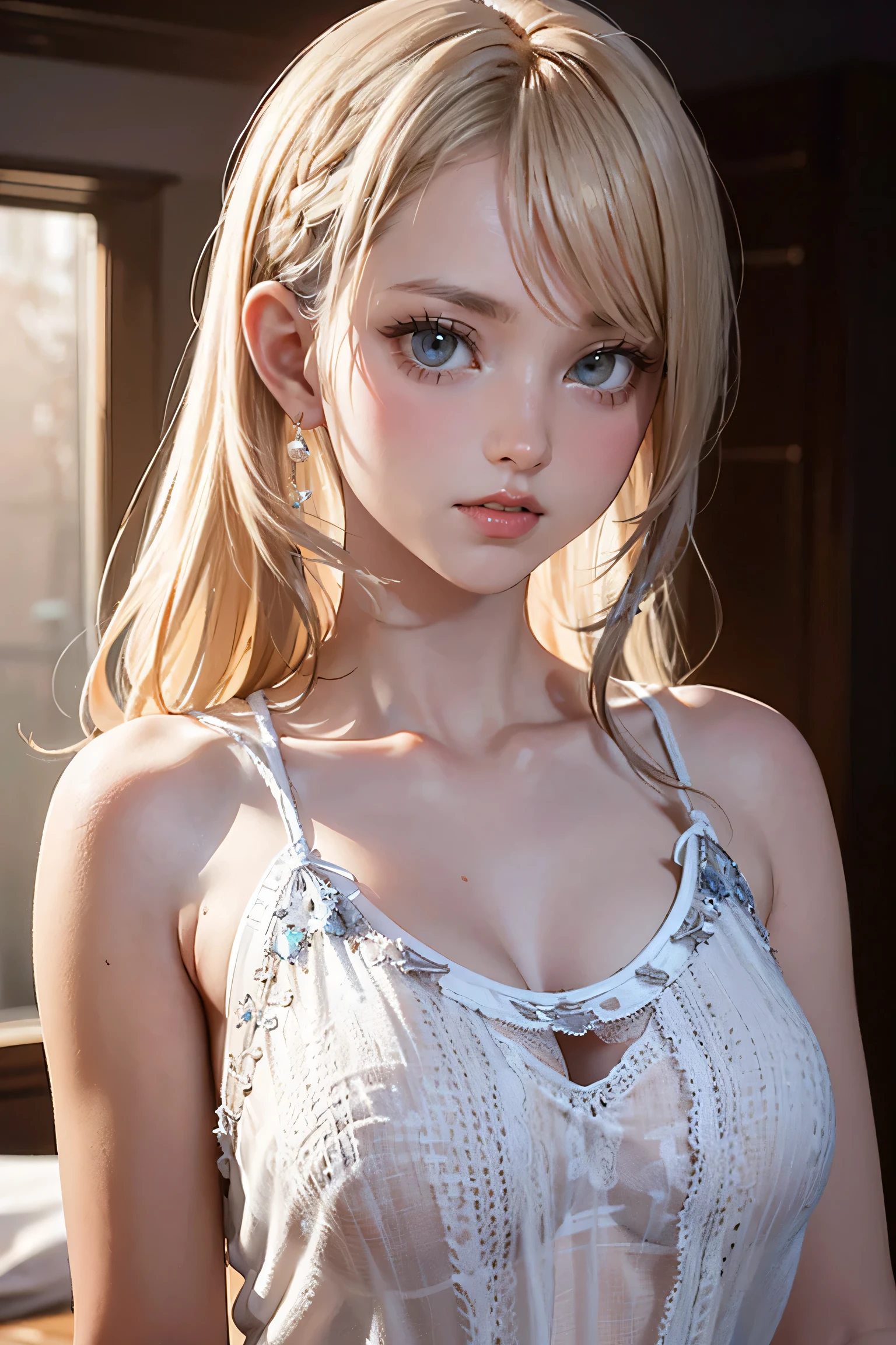 (U高resolution, retina, masterpiece, Accurate, anatomicaly_correct, texture_skin, wonderful_detailed, expensive_detaileds, expensive_quality, Highest_quality, expensive_resolution, 1080p, 高resolution, 4K, 8k, 16K), (beautiful_detaileded_eyes, beautiful_detaileded_lips, very_detaileded_eyes_and_face), soft_Lighting, Physically based_rendering, Vivid_color, (big_chest, glamorous_body:1.5), (Shiny_hair, Shiny_skin, Sunburned_skin, blush), (前hair:1.5), eye_reflection, (Bokeh, Simple_background), (See-through camisole, knit, 笑face_and_smile:1.5), profile,
