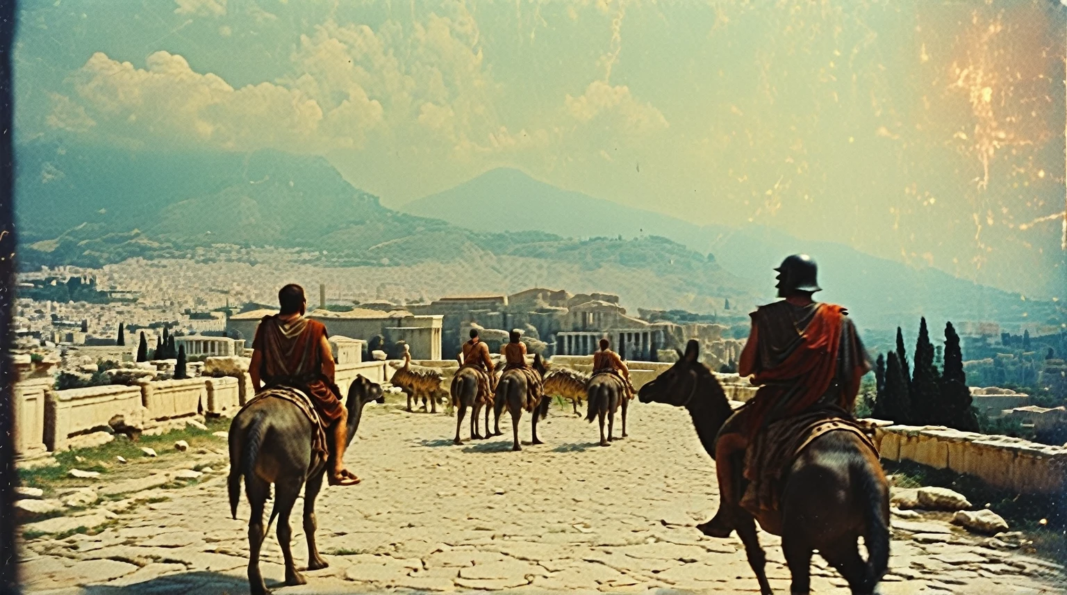 grainy old 35mm vintage, there is a large ancient roman city with people riding dinosaurs, Ancient Greece Olympus Zeus-god appearing in god-ray, vast scenery