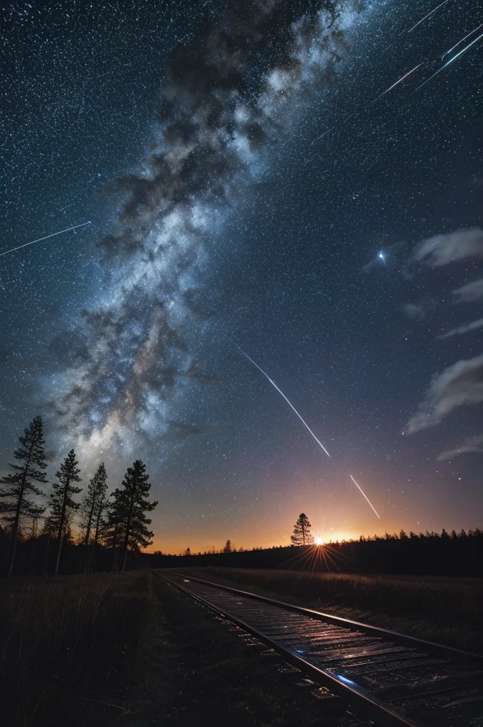 The star trail leading to the moon、Going into space、All Hometowns、The Night of Beginnings、Big white moon、A fiery nebula、Highest quality、8K、Mysterious world