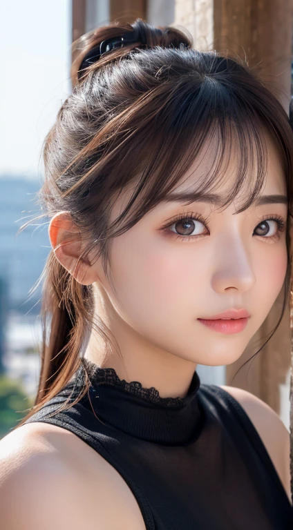 Best image quality、8K、Ultra-high resolution:1.5、Japanese、Delicate eyes、Sensitive face、Attractive face、Japanese、woman、ponytail、Scrunchie、Outdoor、