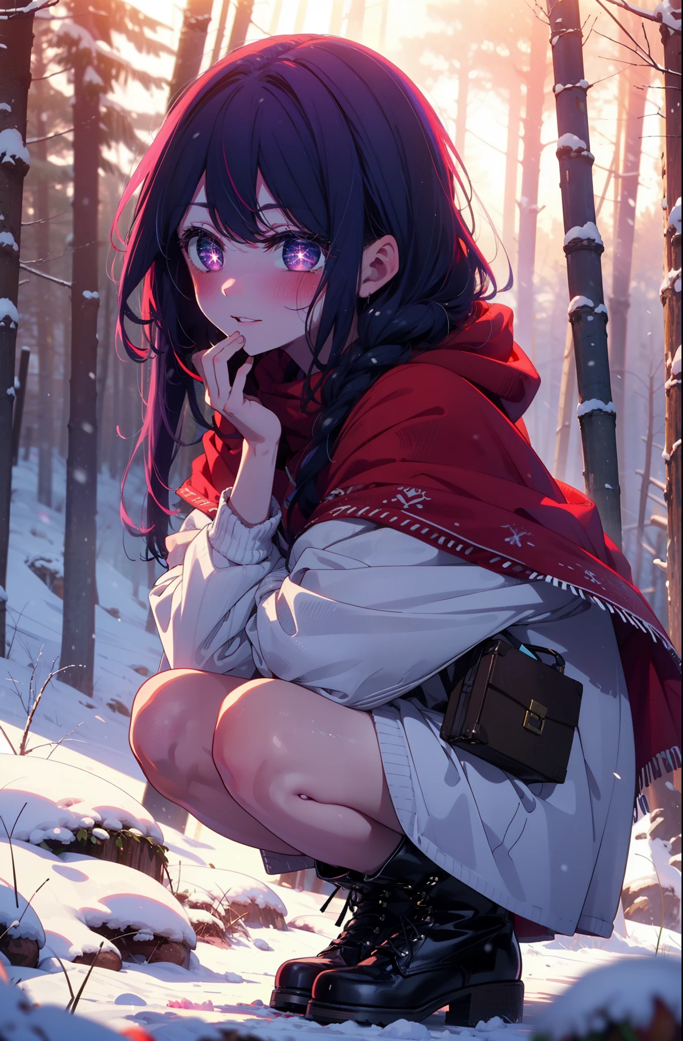 aihoshino, Ai Hoshino, Long Hair, bangs, (Purple eyes:1.1), Purple Hair, (Symbol-shaped pupil:1.5), smile,,smile,blush,White Breath,
Open your mouth,snow,Ground bonfire, Outdoor, boots, snowing, From the side, wood, suitcase, Cape, Blurred, , forest, White handbag, nature,  Squat, Mouth closed, Cape, winter, Written boundary depth, Black shoes, red Cape break looking at viewer, Upper Body, whole body, break Outdoor, forest, nature, break (masterpiece:1.2), Highest quality, High resolution, unity 8k wallpaper, (shape:0.8), (Beautiful and beautiful eyes:1.6), Highly detailed face, Perfect lighting, Extremely detailed CG, (Perfect hands, Perfect Anatomy),