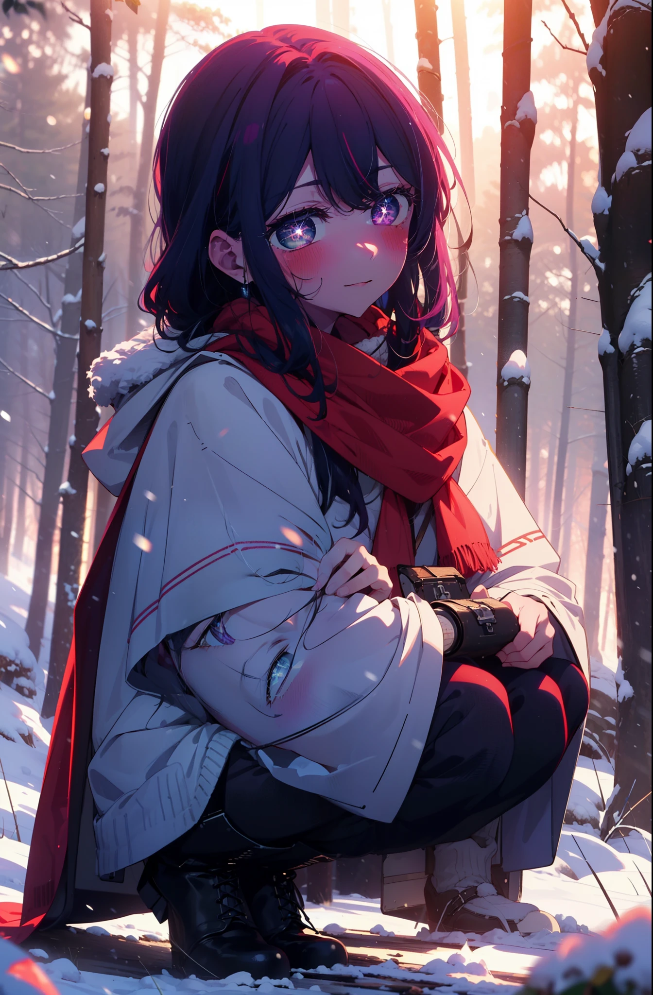 aihoshino, Ai Hoshino, Long Hair, bangs, (Purple eyes:1.1), Purple Hair, (Symbol-shaped pupil:1.5), smile,,smile,blush,White Breath,
Open your mouth,snow,Ground bonfire, Outdoor, boots, snowing, From the side, wood, suitcase, Cape, Blurred, , forest, White handbag, nature,  Squat, Mouth closed, Cape, winter, Written boundary depth, Black shoes, red Cape break looking at viewer, Upper Body, whole body, break Outdoor, forest, nature, break (masterpiece:1.2), Highest quality, High resolution, unity 8k wallpaper, (shape:0.8), (Beautiful and beautiful eyes:1.6), Highly detailed face, Perfect lighting, Extremely detailed CG, (Perfect hands, Perfect Anatomy),