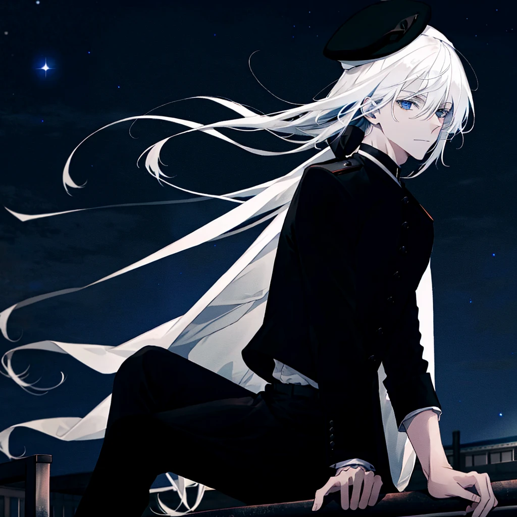 White-haired man wearing a black hat Has blue eyes and wears a black-gray coat. Sitting on the school roof looking at the dark night sky.
