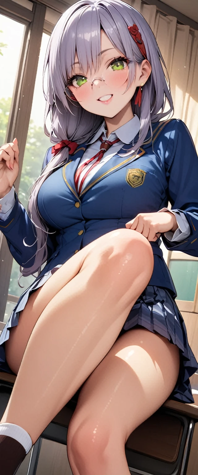 (masterpiece,highest quality,超A high resolution),japanese woman, (((Very beautiful 25 year old girl))), pretty girl、look at the photographer、 ((beautiful low ponytail)), super cute face, glossy lips, double eyelids in both eyes,natural smile、 natural makeup, long eyelashes, Shiny and smooth hair、center image, perfect limbs, perfect anatomy,(((school uniform))、School,glasses