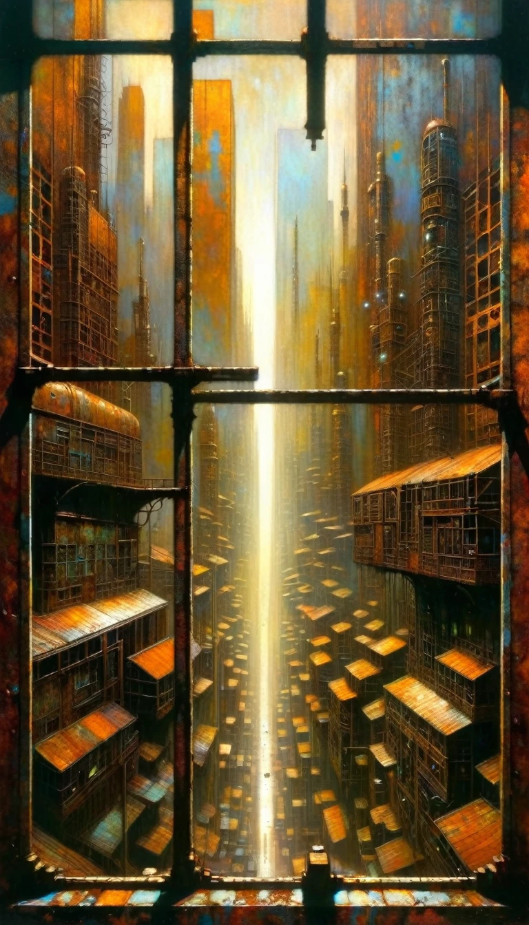 large window in rusty metal room, futuristic city.1.5, rusty metal city, many details (Dave Mckean inspired art, intricate details, oil painting)