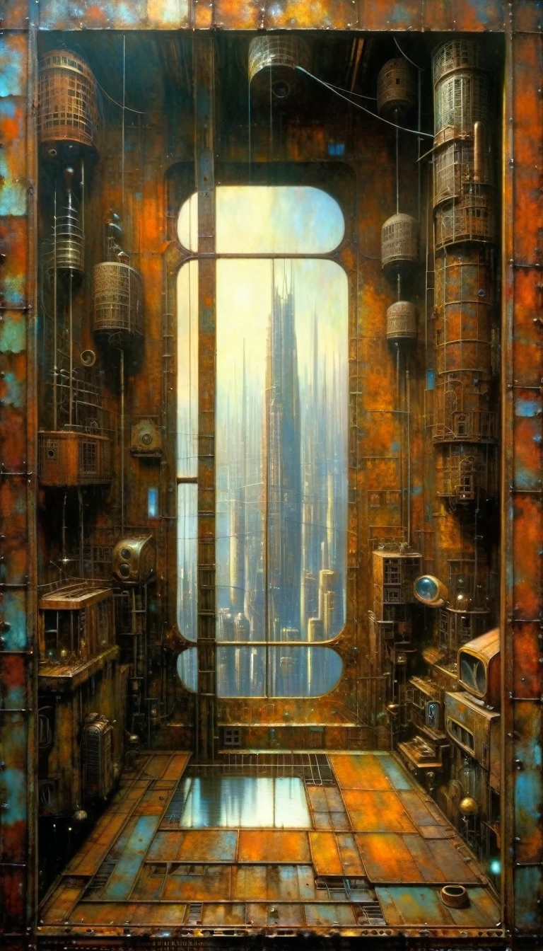 large window in rusty metal room, futuristic city.1.5, rusty metal city, many details (Dave Mckean inspired art, intricate details, oil painting)