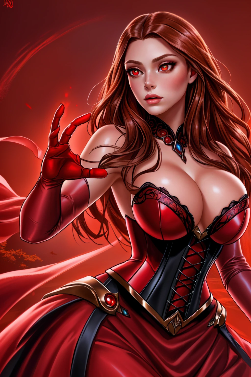 a woman with long crimson hair, wearing a long, intricate corset, beautiful detailed eyes, beautiful detailed lips, extremely detailed face, longeyelashes, elegant pose, graceful movement, breathtaking, detailed and realistic, oil painting, dramatic lighting, warm color palette, cinematic composition, masterpiece, 8k, high quality, Scarlet Witch, (((red eyes)))