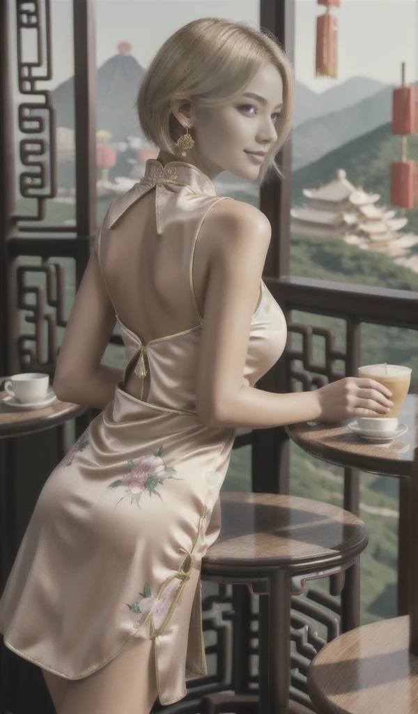 Please follow all prompts below exactly and faithfully. This is a breathtaking masterpiece of digital illustration, with maximum resolution, UHD, 512K, 2160p, 10 million ppi, 300 million dpi, natural color tones, ultra sharp details, perfect outlines with contrast, **most realistic skin and hair textures**, most beautiful detailed eye features, perfect anatomically correct human body, beautiful background with depth, rule of thirds, depth of field, Maximize all element is used to its full potential to create the best digital illustrations, looking back, from behind, 1woman, sexy:1.5, beautiful face sharp, elegant woman, perfect body style, slender, beautiful big breasts, green eyes, blonde hair, hair over one eye, short hair, glossy very thick lips:0.7, pink lipstick:0.7, smile, (Chinese clothes:1.5), ultra miniskirt:1.3, neckless:1.5, earring, bracelet, (open cafe:1.5),