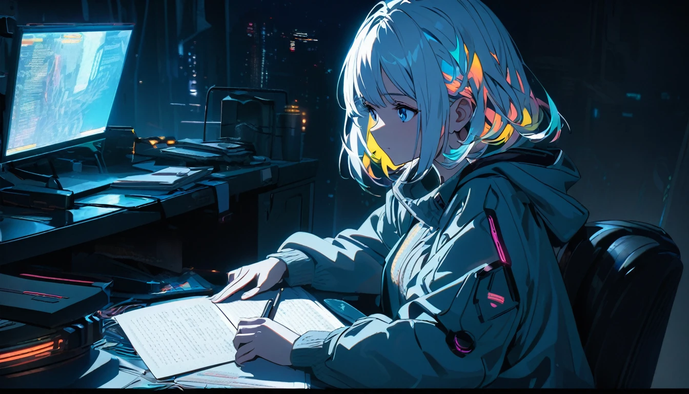 Handsome cute, Solitary, 1 female, Medium Length Hair, white hair, Rainbow hair, blue Eyes, Rainbow headphone, knit dress, Futuristic, Cyberpunk, Cybernetics panoramic, in the night, looking away, Sitting, studying,