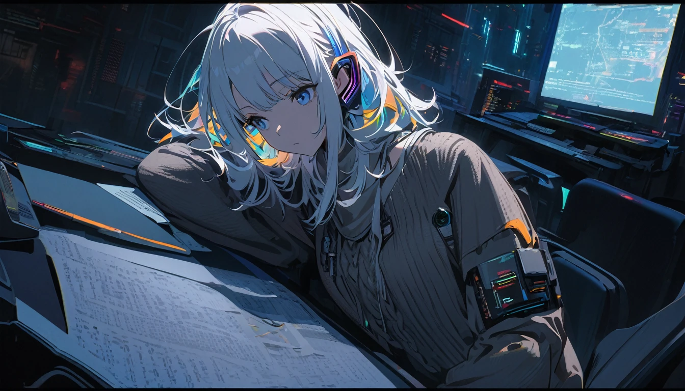 Handsome cute, Solitary, 1 female, Medium Length Hair, white hair, Rainbow hair, blue Eyes, Rainbow headphone, knit dress, Futuristic, Cyberpunk, Cybernetics panoramic, in the night, looking away, Sitting, studying,
