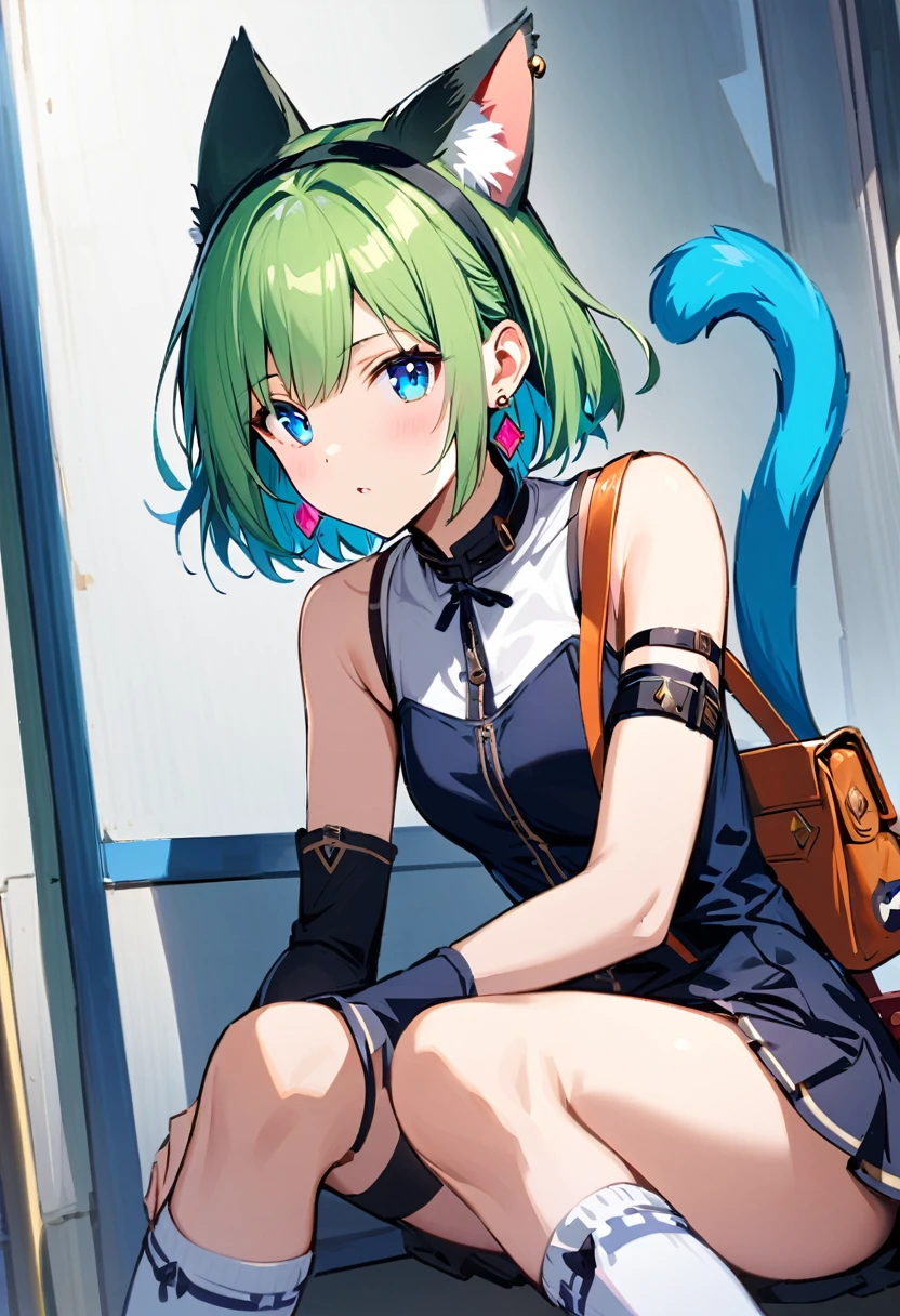 ,One girl,Deltamon_beta, alone, blue eyes, Knee socks, Animal ears, Bare shoulders, Blue Tail, Earrings,Removable sleeves, Green Hair, No sleeve, Cat ear, bag, white Knee socks, Cat&#39;s Tail,pink backpack,Pink school bag, Breaking, teeth, teeth focus, Camel Toe, From behind, Destroy the mimic chest, BREAK score_9, score_8_superior, score_7_superior, score_6_superior, score_5_superior, score_4_superior, anime, No correction, (high quality, detailed, beautiful), Shiny, detailed beautiful eyes, Extraordinary, Countershading, detailed soft lighting