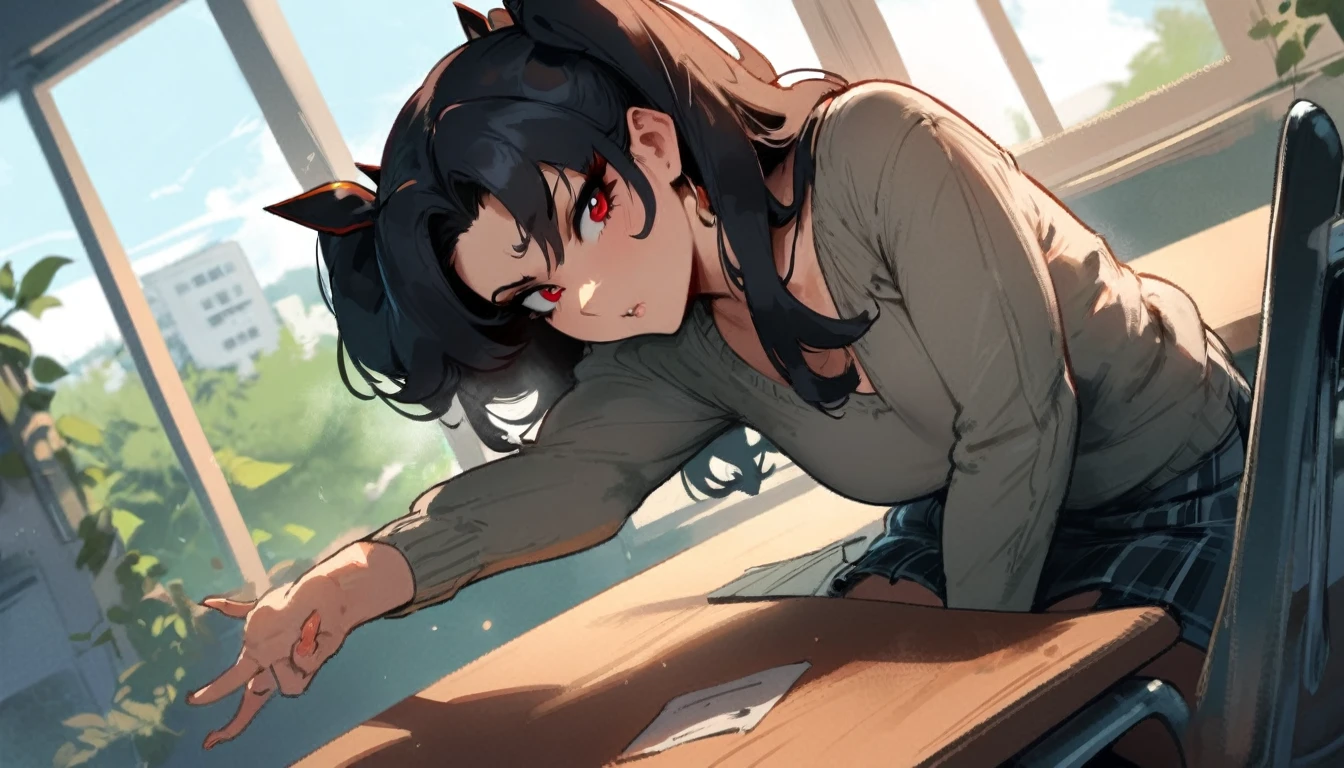 1girl, ishtar \(fate\), fate \(series\) \\\\\ masterpiece, best quality, very aesthetic, absurdres, newest \\\\\\ slim body,///// ,by nyantcha,cutesexyrobutts , by khyle,,////// beautiful face, sexy, red eyes, , at school, windows, greenery, sweater,skirt,at desk