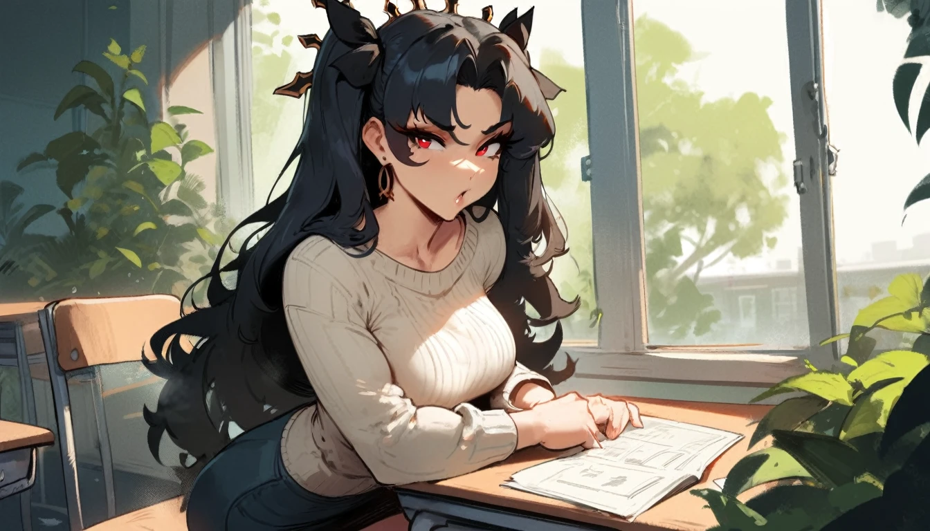 1girl, ishtar \(fate\), fate \(series\) \\\\\ masterpiece, best quality, very aesthetic, absurdres, newest \\\\\\ slim body,///// ,by nyantcha,cutesexyrobutts , by khyle,,////// beautiful face, sexy, red eyes, , at school, windows, greenery, sweater,skirt,at desk