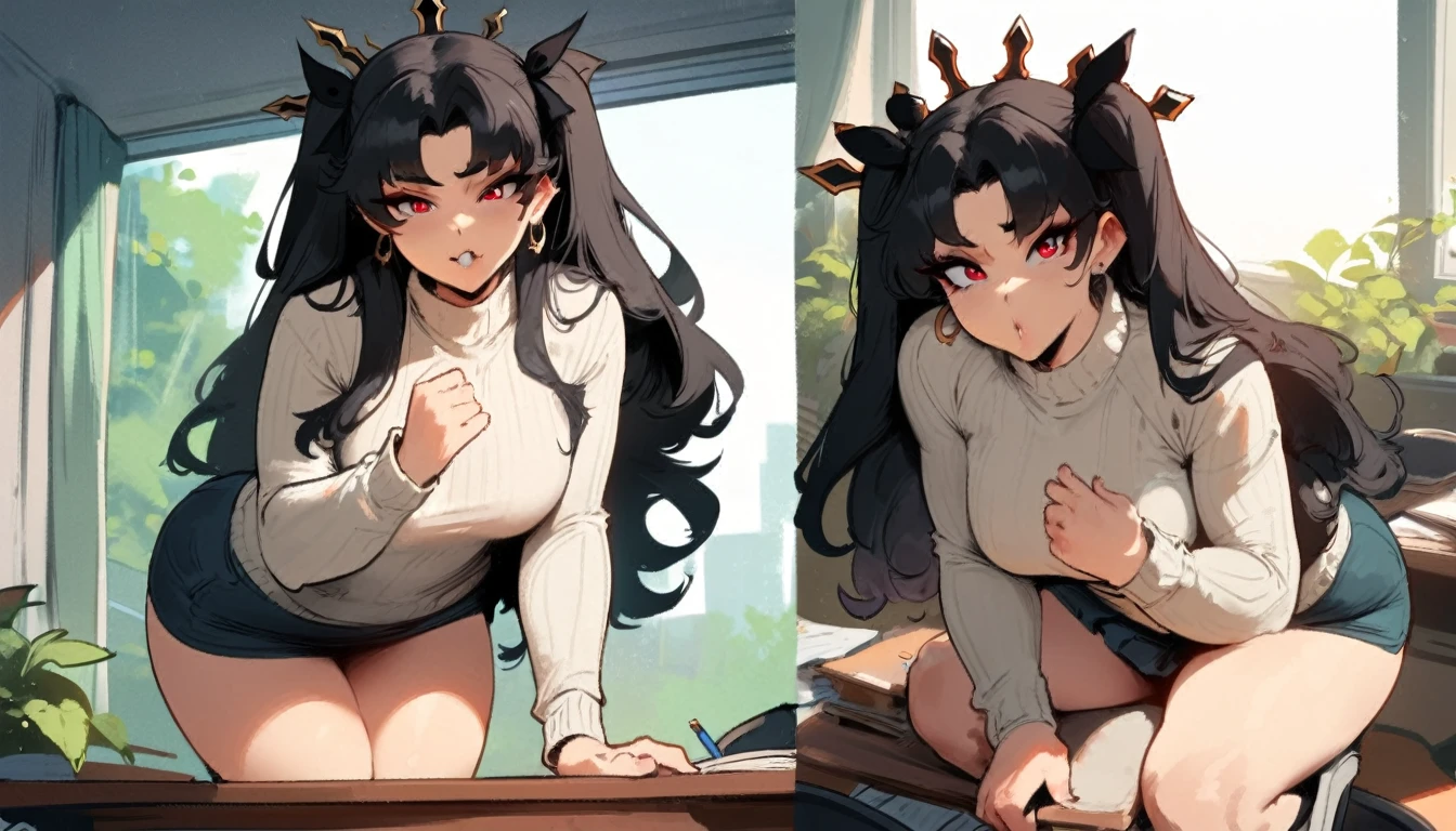 1girl, ishtar \(fate\), fate \(series\) \\\\\ masterpiece, best quality, very aesthetic, absurdres, newest \\\\\\ slim body,///// ,by nyantcha,cutesexyrobutts , by khyle,,////// beautiful face, sexy, red eyes, , at school, windows, greenery, sweater,skirt,at desk