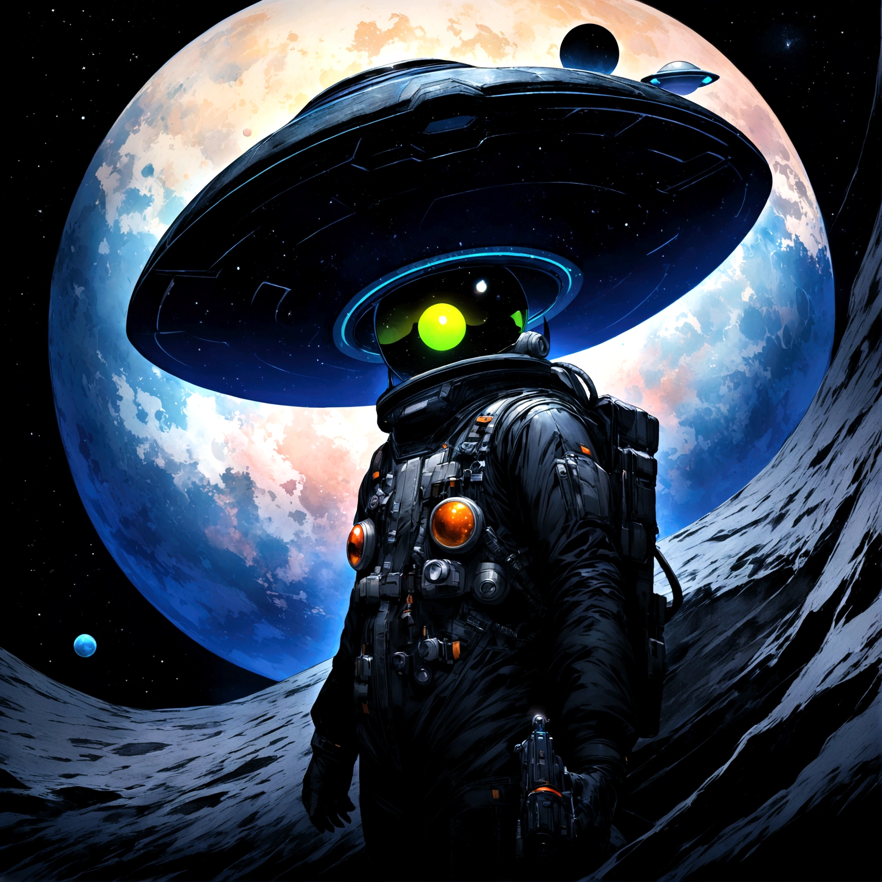 "A futuristic, double-sided UFO flying in the sky with a person holding a gun on top. The person is wearing a space suit, and the background includes stars and a distant planet."All black clothes album level texture
