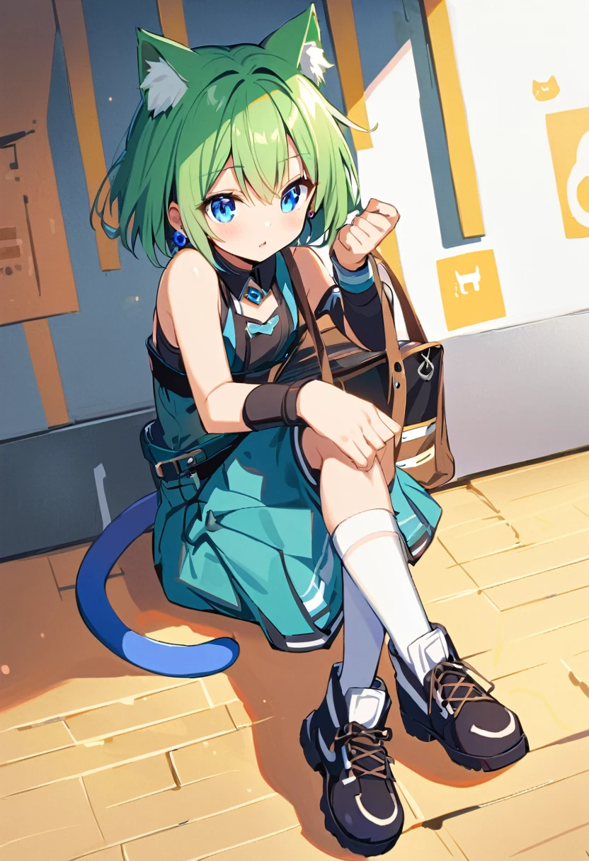 ,One girl,Deltamon_beta, alone, blue eyes, Knee socks, Animal ears, Bare shoulders, Blue Tail, Earrings,Removable sleeves, Green Hair, No sleeve, Cat ear, bag, white Knee socks, Cat&#39;s Tail,pink backpack,Pink school bag, Breaking, teeth, teeth focus, Camel Toe, From behind, Destroy the mimic chest, BREAK score_9, score_8_superior, score_7_superior, score_6_superior, score_5_superior, score_4_superior, anime, No correction, (high quality, detailed, beautiful), Shiny, detailed beautiful eyes, Extraordinary, Countershading, detailed soft lighting