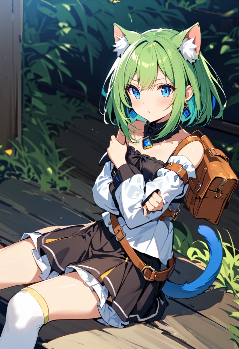 ,One girl,Deltamon_beta, alone, blue eyes, Knee socks, Animal ears, Bare shoulders, Blue Tail, Earrings,Removable sleeves, Green Hair, No sleeve, Cat ear, bag, white Knee socks, Cat's Tail,pink backpack,Pink school bag, Breaking, teeth, teeth focus, Camel Toe, From behind, Destroy the mimic chest, BREAK score_9, score_8_superior, score_7_superior, score_6_superior, score_5_superior, score_4_superior, anime, No correction, (high quality, detailed, beautiful), Shiny, detailed beautiful eyes, Extraordinary, Countershading, detailed soft lighting