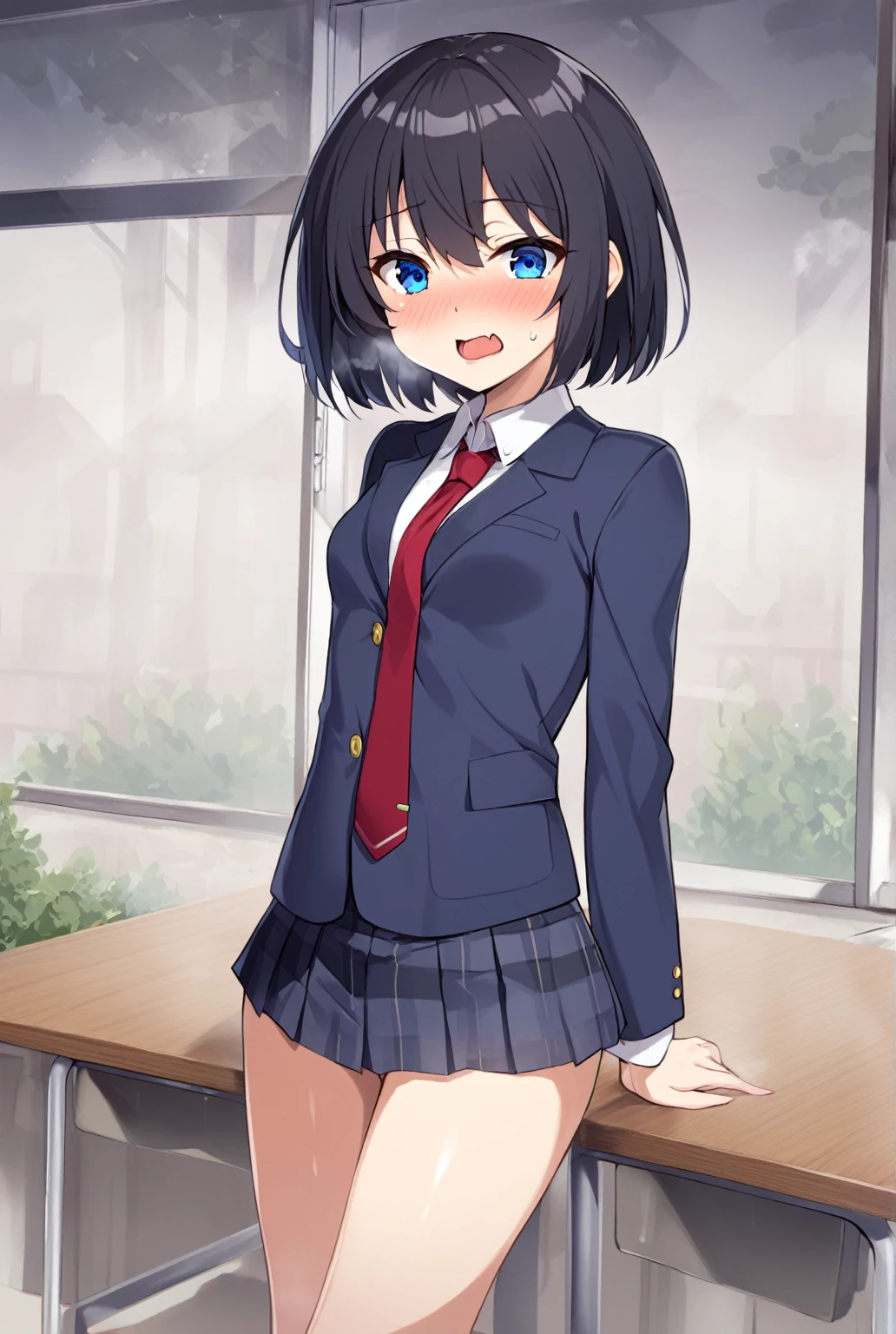 one girl, black hair, short hair, blue eyes, high school student, school blazer, naive, slender, necktie, foggy, aphrodisiac, open mouth, drool, cute, nsfw, small breasts, cowboy shot, stare at me