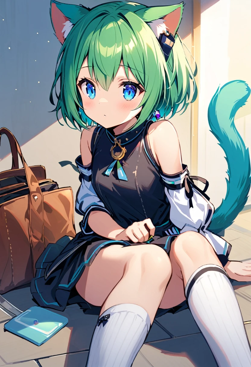 ,One girl,Deltamon_beta, alone, blue eyes, Knee socks, Animal ears, Bare shoulders, Blue Tail, Earrings,Removable sleeves, Green Hair, No sleeve, Cat ear, bag, white Knee socks, Cat&#39;s Tail,pink backpack,Pink school bag, Breaking, teeth, teeth focus, Camel Toe, From behind, Destroy the mimic chest, BREAK score_9, score_8_superior, score_7_superior, score_6_superior, score_5_superior, score_4_superior, anime, No correction, (high quality, detailed, beautiful), Shiny, detailed beautiful eyes, Extraordinary, Countershading, detailed soft lighting