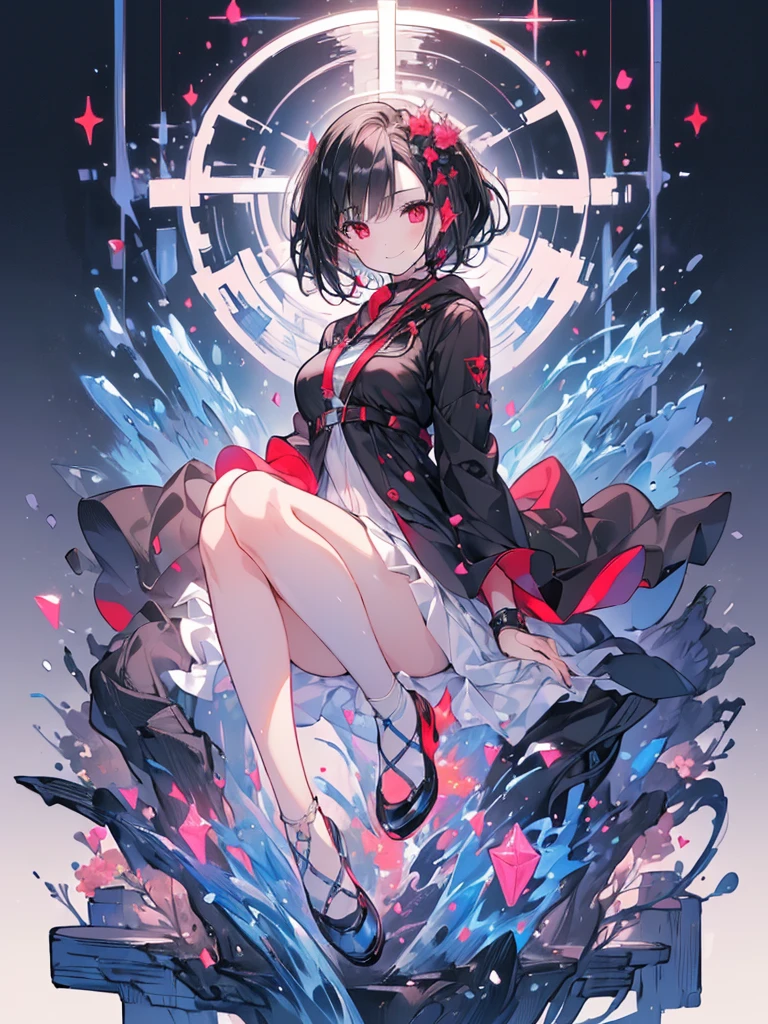 (masterpiece, highest quality, highest quality, (No text), Beautiful and aesthetic:1.2),No text,アニメ、 high resolution BREAK,One Girl,Short black hair Beautiful eyes Red eyes Beautiful girl cool smile Black Coat mini skirt whole body Night view Detailed eyes and face