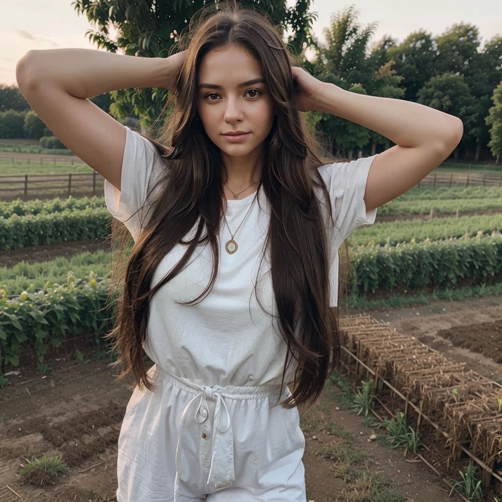 1girl in, 30 years old, Square face, Long hair, Looking at viewer, jewelry, Realistic, Sexy, farm outfit, farm background, free upper body pose
