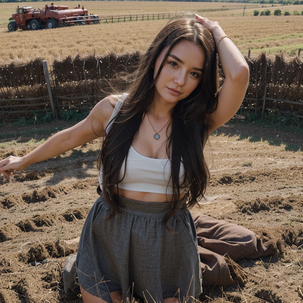 1girl in, 30 years old, Square face, Long hair, Looking at viewer, jewelry, Realistic, Sexy, farm outfit, farm background, free upper body pose