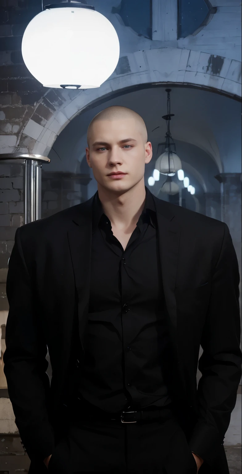 A man with good physical shape , wearing black suit , pale skin , light short buzzcut , blue eyes
