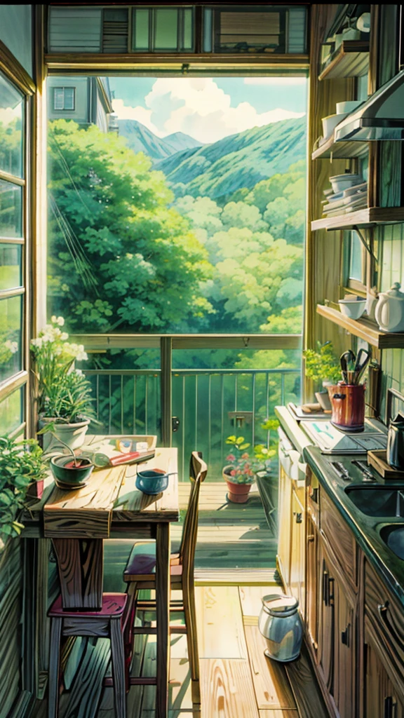 A painting,There is a table and some chairs in the painting, Windows with a view, Greenery, Potted plants, Kitchen on a sunny day, Kitchen background, Lovely kitchen, Japanese cartoons beautiful peace scene, clean detailed Japanese cartoons art, Japanese cartoons scenery, clean Japanese cartoons art, Warm home background, Japanese cartoons countryside landscape, Beautiful and detailed scenes, Japanese cartoons. by Shinkai Makoto, Shinkai Makoto. High Detail, Sunny day background, 4k HD,, Beautiful art UHD 4K, A beautiful artistic illustration, Beautiful digital painting, Highly detailed digital painting, Beautiful digital artwork, Detailed painting 4k, Highly detailed digital painting, The colors are brilliant and rich, Gorgeous numbers