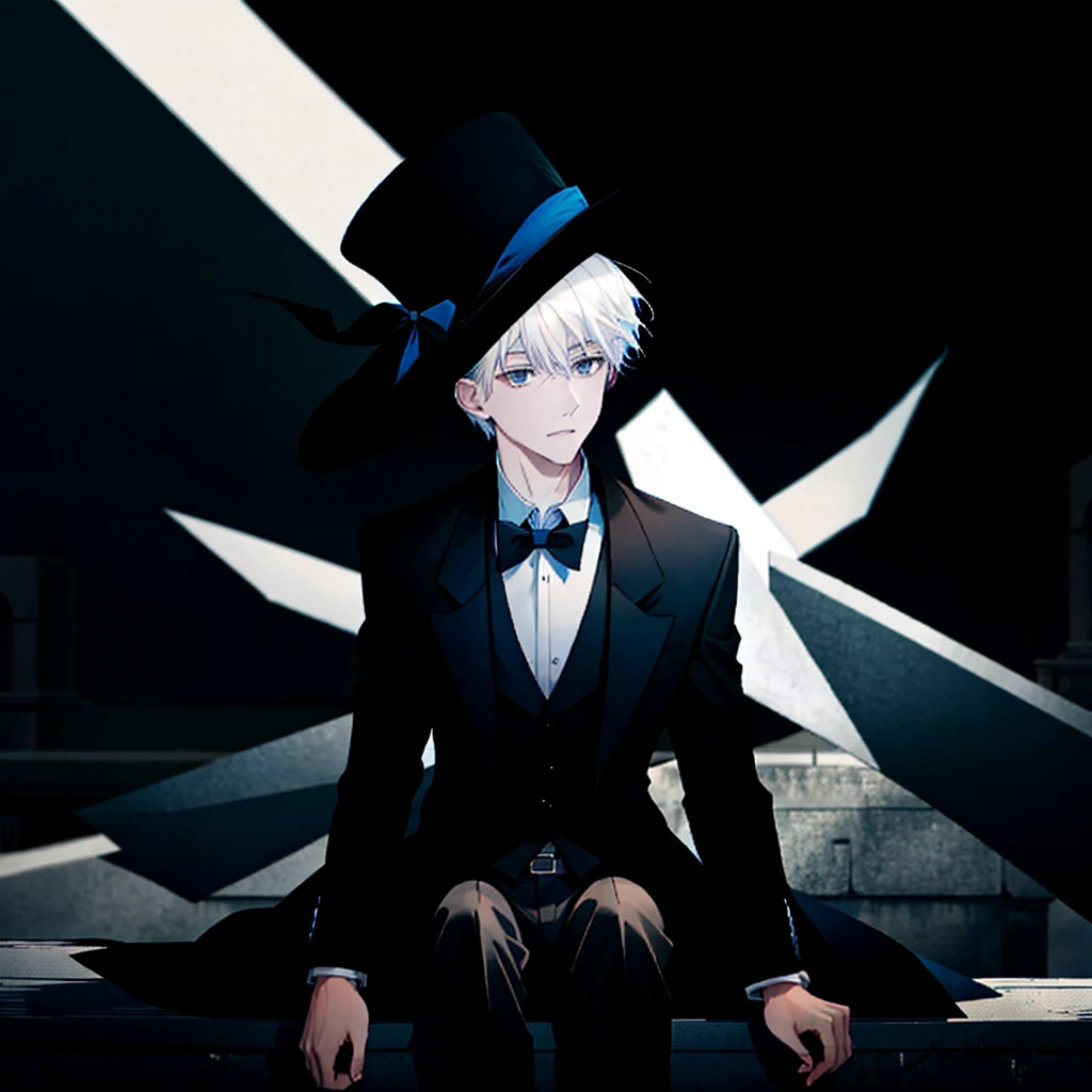 A man with short white hair wears a black hat. Has blue eyes and wears a black-gray coat. Sitting on the school roof looking at the dark night sky.