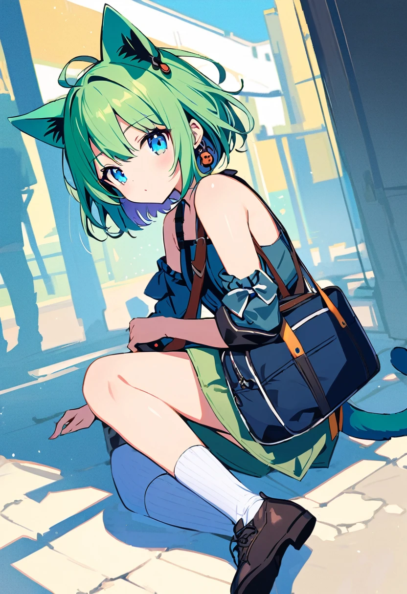 ,One girl,Deltamon_beta, alone, blue eyes, Knee socks, Animal ears, Bare shoulders, Blue Tail, Earrings,Removable sleeves, Green Hair, No sleeve, Cat ear, bag, white Knee socks, Cat&#39;s Tail,pink backpack,Pink school bag, Breaking, teeth, teeth focus, Camel Toe, From behind, Destroy the mimic chest, BREAK score_9, score_8_superior, score_7_superior, score_6_superior, score_5_superior, score_4_superior, anime, No correction, (high quality, detailed, beautiful), Shiny, detailed beautiful eyes, Extraordinary, Countershading, detailed soft lighting