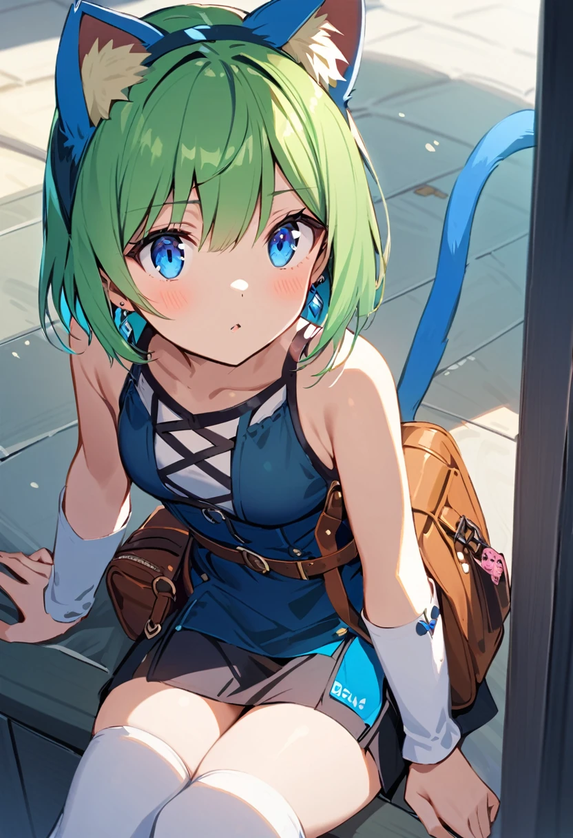 ,One girl,Deltamon_beta, alone, blue eyes, Knee socks, Animal ears, Bare shoulders, Blue Tail, Earrings,Removable sleeves, Green Hair, No sleeve, Cat ear, bag, white Knee socks, Cat's Tail,pink backpack,Pink school bag, Breaking, teeth, teeth focus, Camel Toe, From behind, Destroy the mimic chest, BREAK score_9, score_8_superior, score_7_superior, score_6_superior, score_5_superior, score_4_superior, anime, No correction, (high quality, detailed, beautiful), Shiny, detailed beautiful eyes, Extraordinary, Countershading, detailed soft lighting