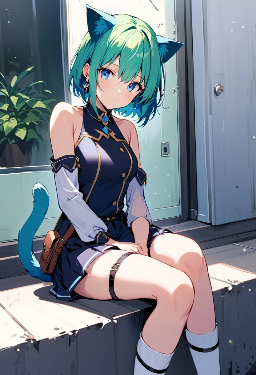 ,One girl,Deltamon_beta, alone, blue eyes, Knee socks, Animal ears, Bare shoulders, Blue Tail, Earrings,Removable sleeves, Green Hair, No sleeve, Cat ear, bag, white Knee socks, Cat&#39;s Tail,pink backpack,Pink school bag, Breaking, teeth, teeth focus, Camel Toe, From behind, Destroy the mimic chest, BREAK score_9, score_8_superior, score_7_superior, score_6_superior, score_5_superior, score_4_superior, anime, No correction, (high quality, detailed, beautiful), Shiny, detailed beautiful eyes, Extraordinary, Countershading, detailed soft lighting
