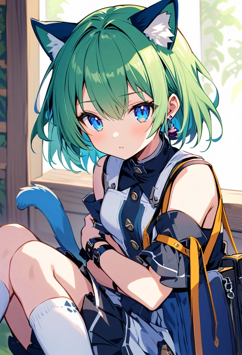 ,One girl,Deltamon_beta, alone, blue eyes, Knee socks, Animal ears, Bare shoulders, Blue Tail, Earrings,Removable sleeves, Green Hair, No sleeve, Cat ear, bag, white Knee socks, Cat&#39;s Tail,pink backpack,Pink school bag, Breaking, teeth, teeth focus, Camel Toe, From behind, Destroy the mimic chest, BREAK score_9, score_8_superior, score_7_superior, score_6_superior, score_5_superior, score_4_superior, anime, No correction, (high quality, detailed, beautiful), Shiny, detailed beautiful eyes, Extraordinary, Countershading, detailed soft lighting