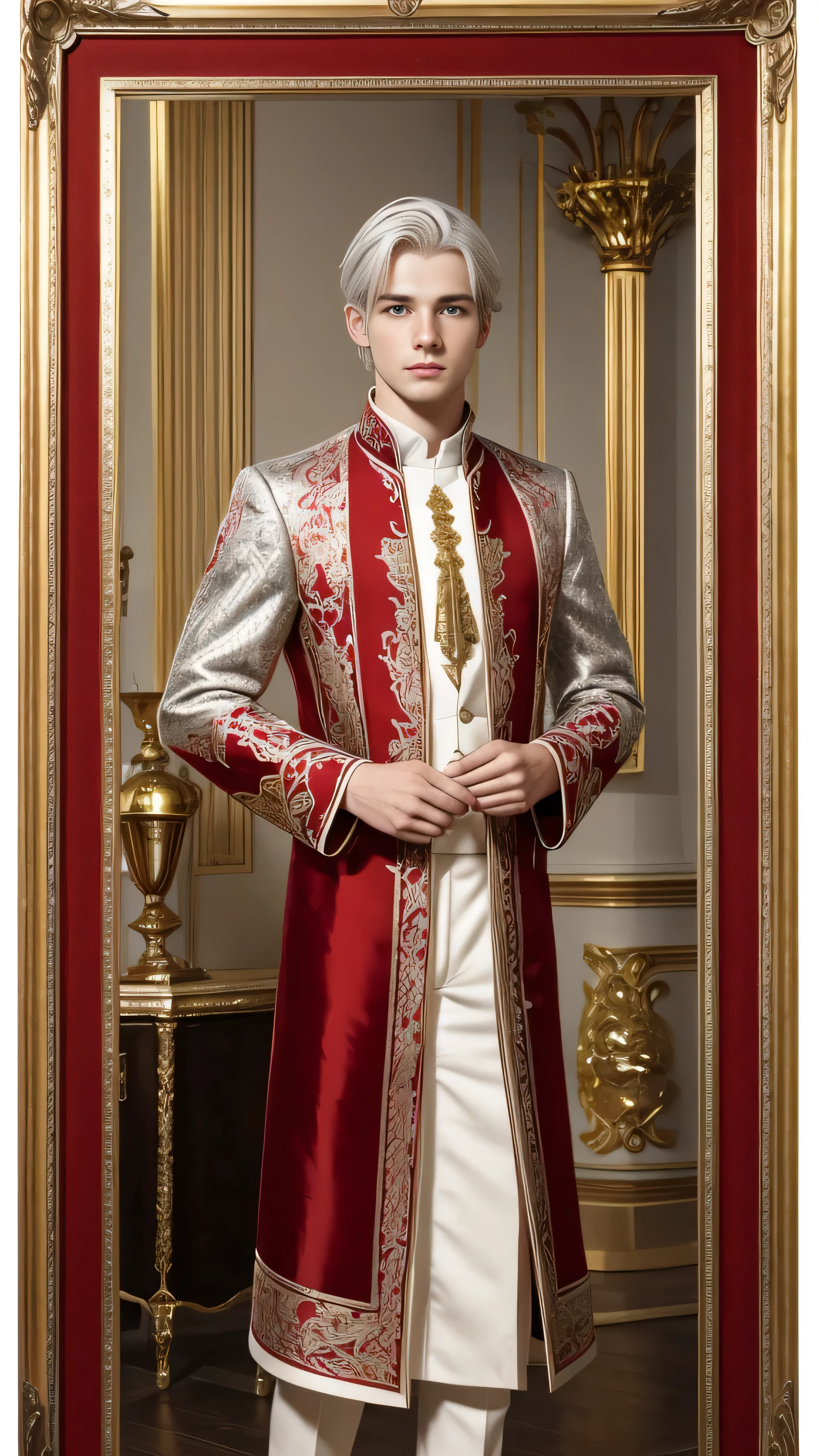 A young pale white, European man, with silver hair, wearing a simple red european brocade, with gold linings