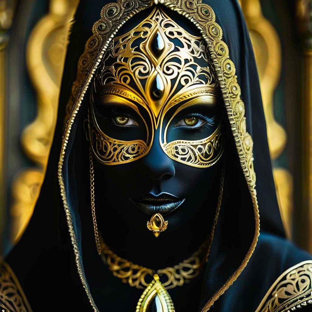 mask, intricate, detailed, face paint, gold accents, black hood, mysterious, ornate, eyes, pattern, design, art, close-up, fantasy, costume, decoration, ceremonial, gothic, surreal, monochrome, makeup, golden embellishments, dramatic, creative, artistic, portrait, dark, ethereal, fantasy character, elaborate.