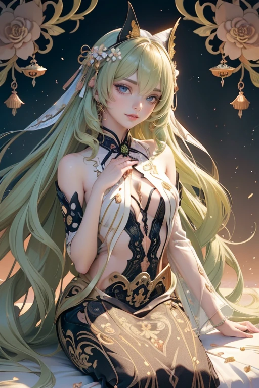 Mobius_(honkai impact 3rd), 1girl, long hair, long flowing hair, floating hair, ornament hair, perfectly body, perfectly hands, camelia on hair, green hair, green eyes, white kimono, black dress, petals in the air, blossom peach tree, centered girl, garden secenery, Chinese style, Chinese maid dress, white dress, more details on her clothes, dress with transparency, golden details, daylight, smiling, concubine girl, long flowing hair, floating hair, a moon, Detailed background((garden scene:1.2),Detailed background, Elegant backgrounds, Zen entanglement, mandalas, Tangled, Tangled, glossy hair, Best quality, cleavage, small skirt, full Body, elaborate costume{Luxury kimono(Colorful kimono(Detailed golden embroidery,))}, Depict a beautiful and graceful woman, ((Best Quality)),{{a portrait photo of}},full body Esbian ((4k, masterpiece, top-quality)),8k, best quality, high resolution, UHD, (illustration:0.8), super cute girl, delicate and beautiful face, 1girl, solo, mature girl, super cute hairstyle, (beautiful detailed eyes:1.6), extremely detailed face, perfect lighting, extremely detailed CG, (perfect hands, perfect anatomy)