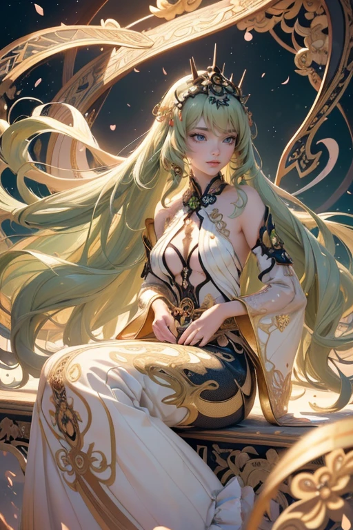 dark night background，There are a few very small stars。He has long light green hair，wearing white robes with，gold eyes，The neck sleeve has a long golden plume，In the center of the picture，Sideways slightly bowed and eyes half-closed，Holding a white flower in one hand，Place lightly under nose，The front and back of the body are surrounded by a pale golden glare，It's surrounded by stars like a halo。The ground is a grassland blown by the wind。