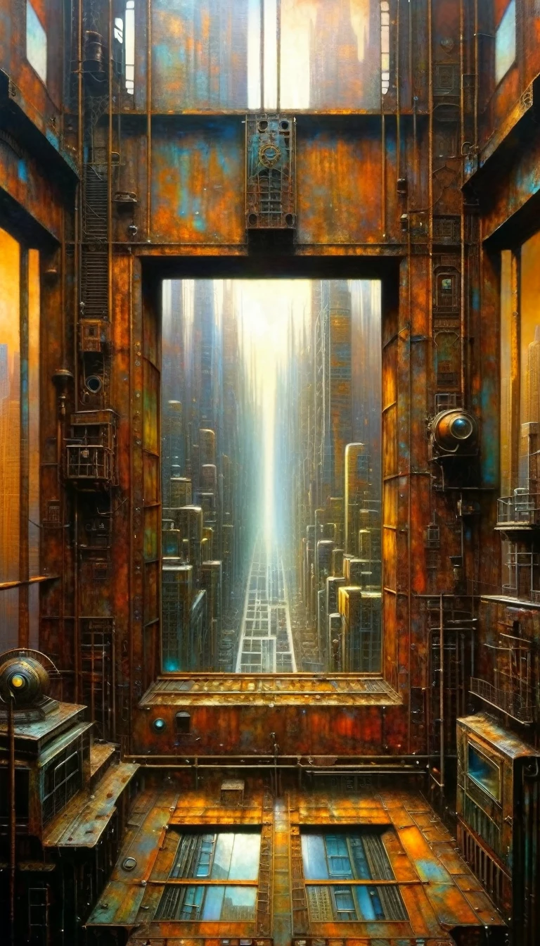 large window in rusty metal room, futuristic city.1.5, rusty metal city, many details (Dave Mckean inspired art, intricate details, oil painting)