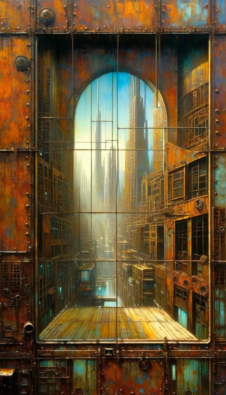large window in rusty metal room, futuristic city.1.5, rusty metal city, many details (Dave Mckean inspired art, intricate details, oil painting)
